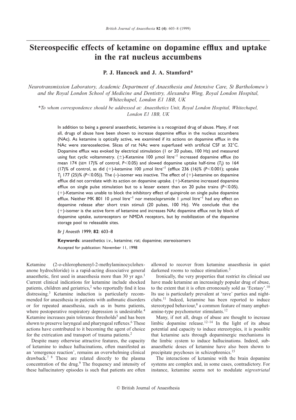 Stereospecific Effects of Ketamine on Dopamine Efflux and Uptake in The