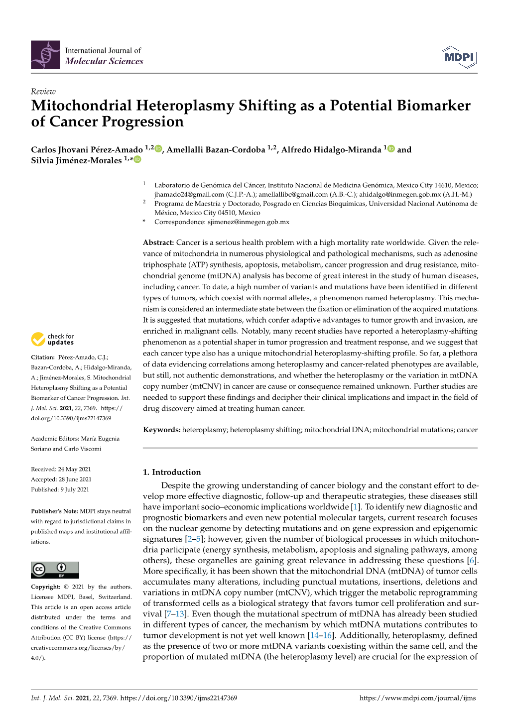 Mitochondrial Heteroplasmy Shifting As a Potential Biomarker of Cancer Progression