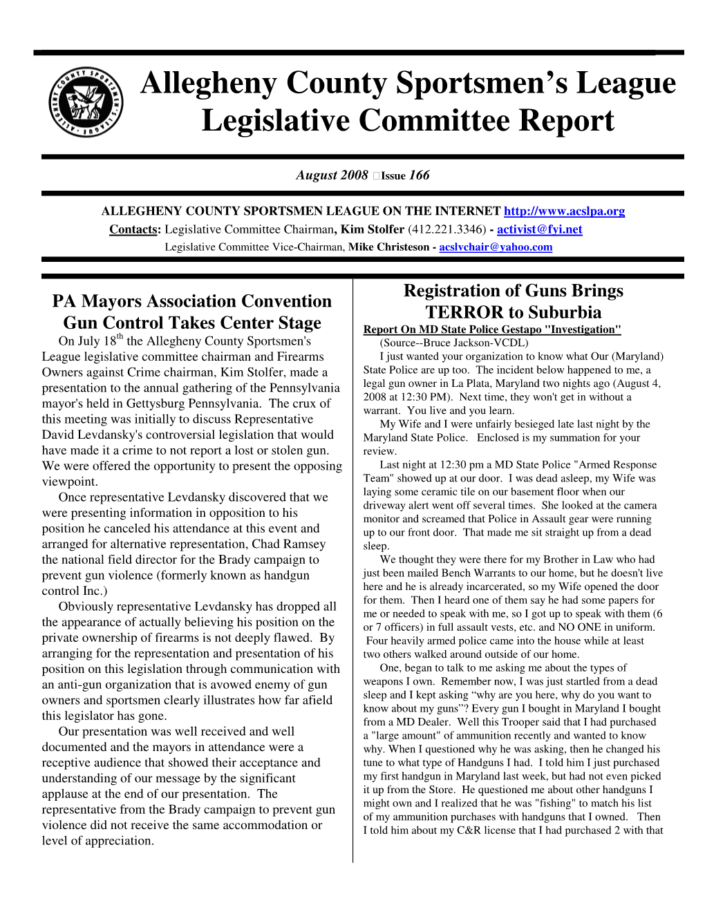 Allegheny County Sportsmen's League Legislative Committee Report