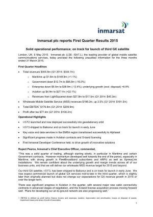 Inmarsat Plc Reports First Quarter Results 2015