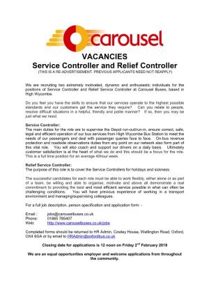 VACANCIES Service Controller and Relief Controller (THIS IS a RE-ADVERTISEMENT