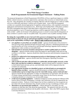 West Wide Energy Corridors Draft Programmatic Environmental Impact Statement – Talking Points