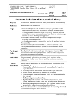 Suction of the Patient with an Artificial Airway Effective: 11/07/94 Formulated: 03/80 Revised: 12/02/14 Reviewed: 04/17/18