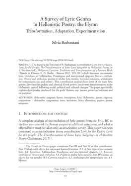 A Survey of Lyric Genres in Hellenistic Poetry: the Hymn Transformation, Adaptation, Experimentation