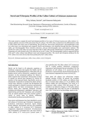 Riterpene Profiles of the Callus Culture of Solanum Mammosum