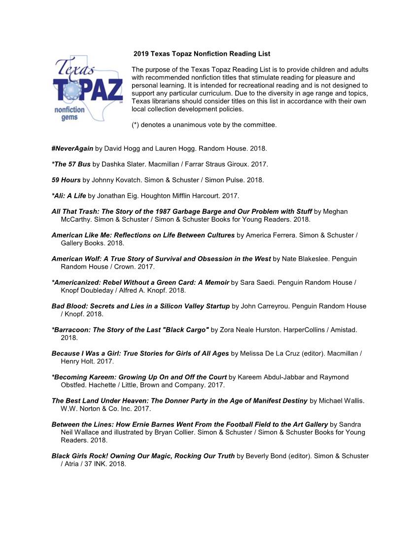 2019 Texas Topaz Nonfiction Reading List