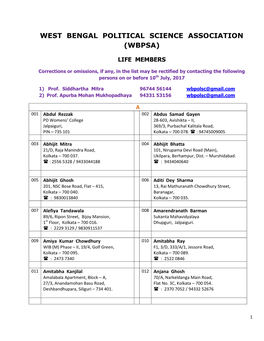 West Bengal Political Science Association : List of Members