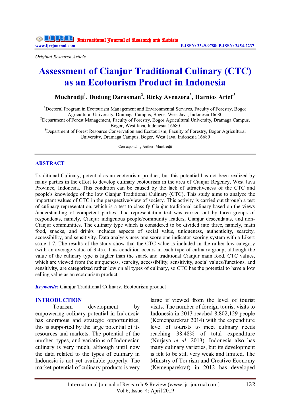 Assessment of Cianjur Traditional Culinary (CTC) As an Ecotourism Product in Indonesia