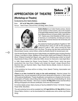APPRECIATION of THEATRE P R E S E N T S (Workshop on Theatre) Conducted by Smt