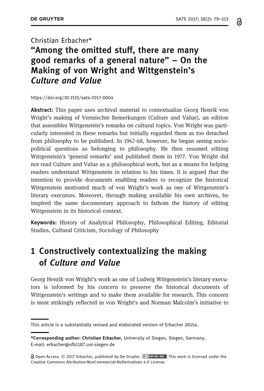 On the Making of Von Wright and Wittgenstein’S Culture and Value