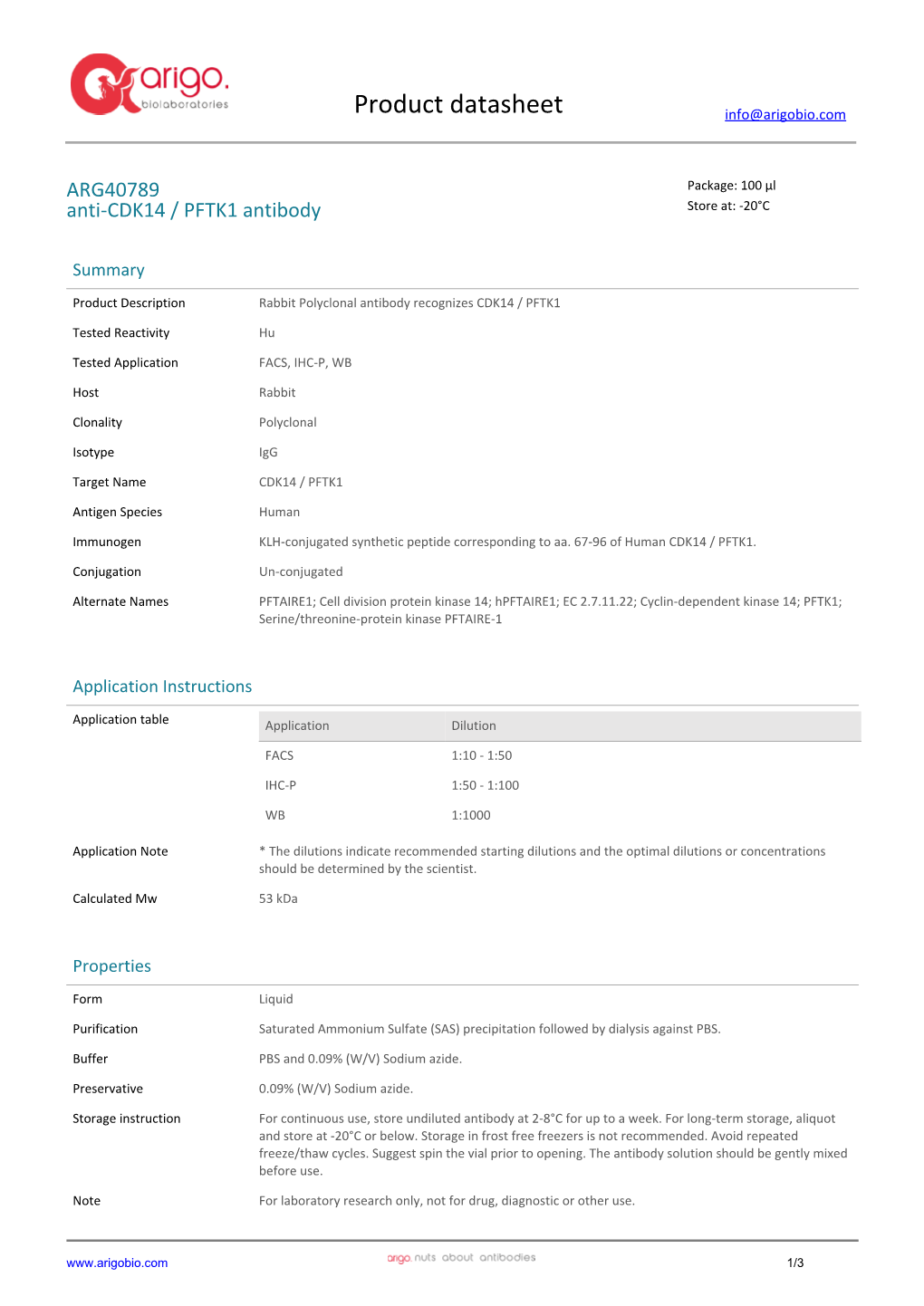 Anti-CDK14 / PFTK1 Antibody (ARG40789)