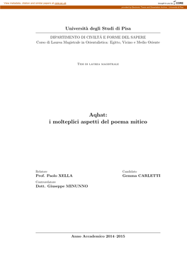 Aqhat: I Molteplici Aspetti Del Poema Mitico