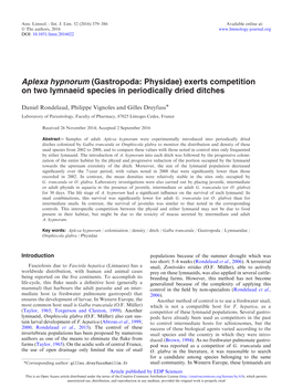 Aplexa Hypnorum (Gastropoda: Physidae) Exerts Competition on Two Lymnaeid Species in Periodically Dried Ditches