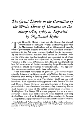 The Great Debate in the Committee of the Whole House of Commons on the Stamp Act 1766, As Reported by Nathaniel Ryder
