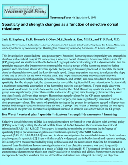 Spasticity and Strength Changes As a Function of Selective Dorsal Rhizotomy