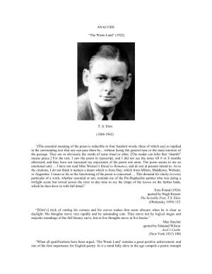 ANALYSIS “The Waste Land” (1922) TS Eliot (1888-1965)