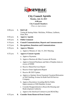 City Council Agenda Monday, July 22, 2013 6:00 P.M