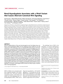 Renal Hypodysplasia Associates with a Wnt4 Variant That Causes Aberrant Canonical Wnt Signaling