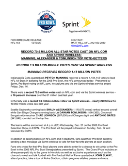 Record 70.5 Million All-Star Votes Cast on Nfl.Com and Sprint Wireless; Manning, Alexander & Tomlinson Top Vote-Getters