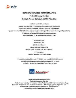 GENERAL SERVICES ADMINISTRATION Federal Supply Service Multiple Award Schedule (MAS) Price List