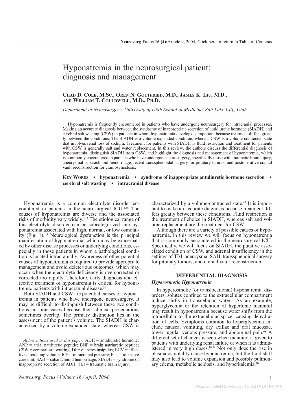 Hyponatremia In The Neurosurgical Patient: Diagnosis And Management ...