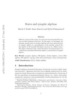 Arxiv:1606.08229V1 [Math-Ph] 27 Jun 2016 States and Synaptic Algebras