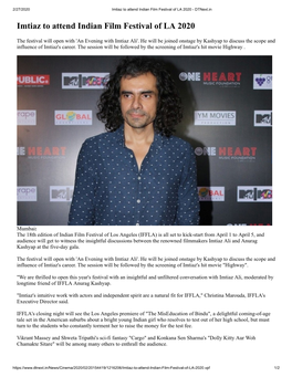 Imtiaz to Attend Indian Film Festival of LA 2020, Dtnext.In–February 27