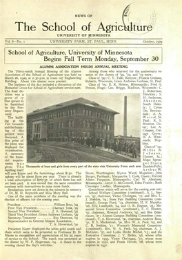 School of Agriculture, University of Minnesota Begins Fall Term Monday