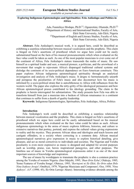 European Modern Studies Journal Vol 5 No 3 Available at Journal-Ems.Com Exploring Indigenous Epistemologies and Spiritualties: Fela Anikulapo and Politics in Africa