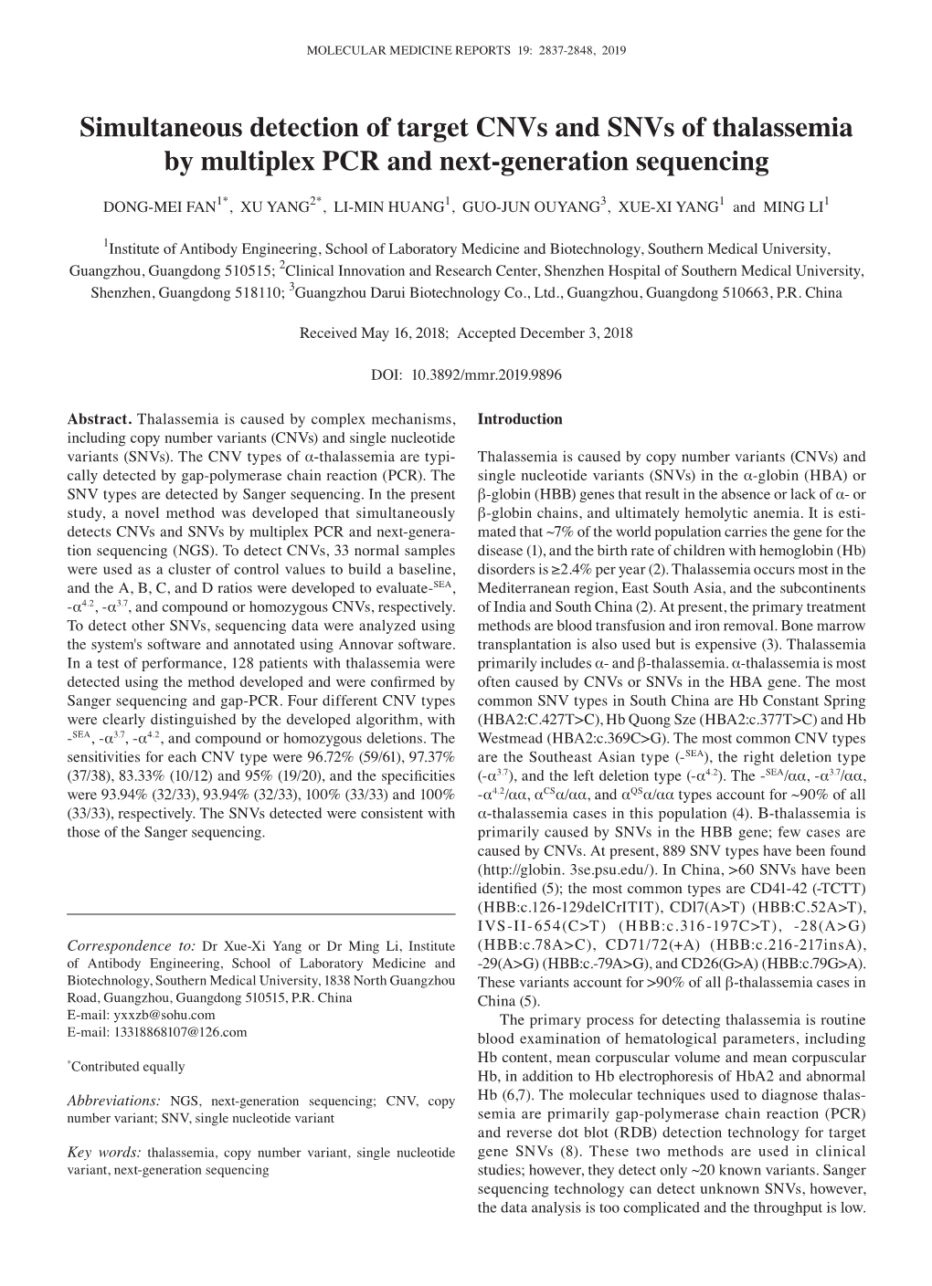 Simultaneous Detection of Target Cnvs and Snvs of Thalassemia by Multiplex PCR and Next‑Generation Sequencing