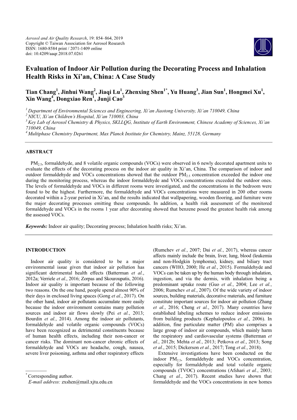 Evaluation of Indoor Air Pollution During the Decorating Process and Inhalation Health Risks in Xi’An, China: a Case Study