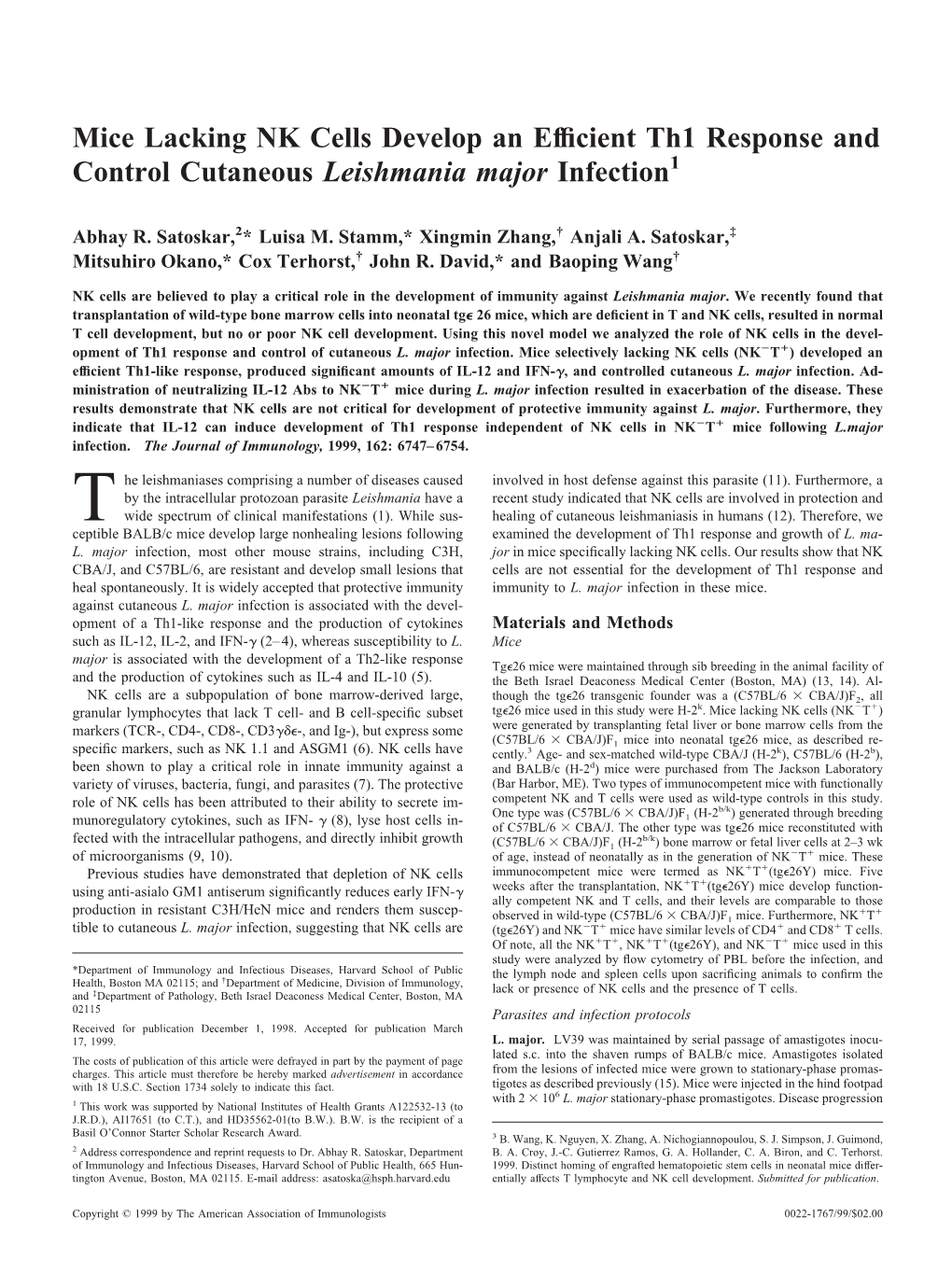 Infection Leishmania Major Th1 Response and Control Cutaneous