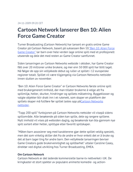 Cartoon Network Lanserer Ben 10: Alien Force Game Creator
