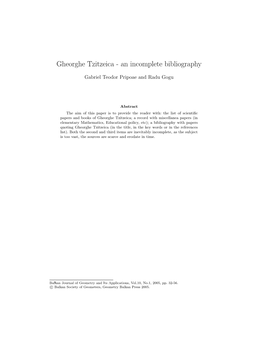 Gheorghe Tzitzeica - an Incomplete Bibliography