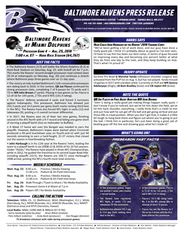 Baltimore Ravens Press Release Under Armour Performance Center 1 Winning Drive Owings Mills, Md 21117 Ph: 410-701-4000 Baltimoreravens.Com Twitter: @Ravens