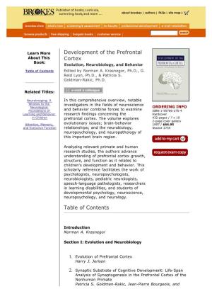 Development of the Prefrontal Cortex Table of Contents