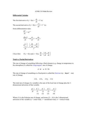 ATMS 310 Math Review Differential Calculus the First Derivative of Y = F(X)