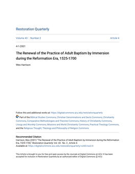 The Renewal of the Practice of Adult Baptism by Immersion During the Reformation Era, 1525-1700