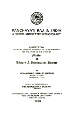 Panchayati Raj in India a Select Annotated Bibliography
