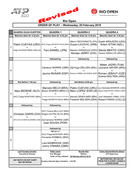 Rio Open ORDER of PLAY - Wednesday, 20 February 2019