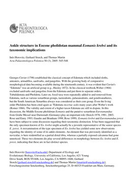 Ankle Structure in Eocene Pholidotan Mammal Eomanis Krebsi and Its Taxonomic Implications