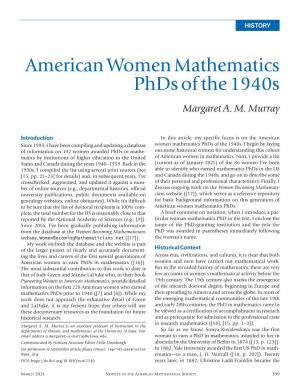 American Women Mathematics Phds of the 1940S Margaret A