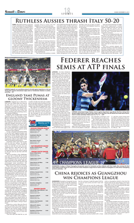 Federer Reaches Semis at ATP Finals