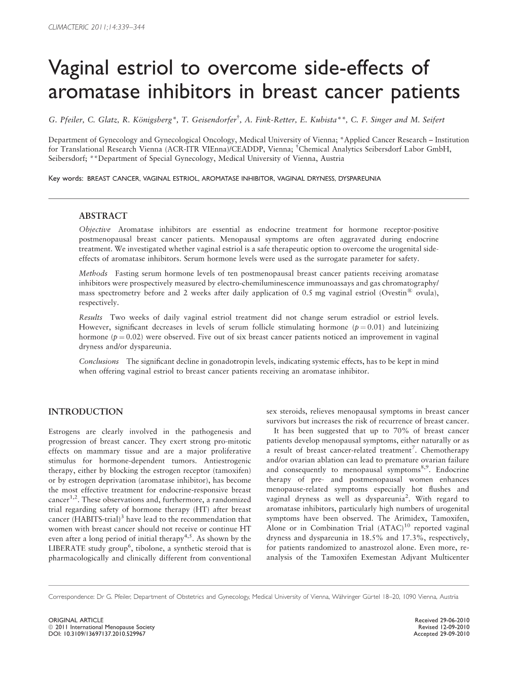 Vaginal Estriol to Overcome Side-Effects of Aromatase Inhibitors in Breast Cancer Patients