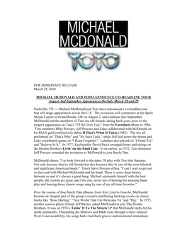 FOR IMMEDIATE RELEASE March 25, 2014 MICHAEL MCDONALD AND