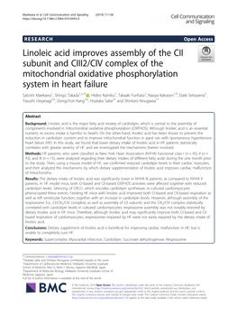 Linoleic Acid Improves Assembly of the CII Subunit and CIII2/CIV