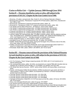 Curios Or Relics List — Update January 2008 Through June 2014 Section II — Firearms Classified As Curios Or Relics, Still Subject to the Provisions of 18 U.S.C