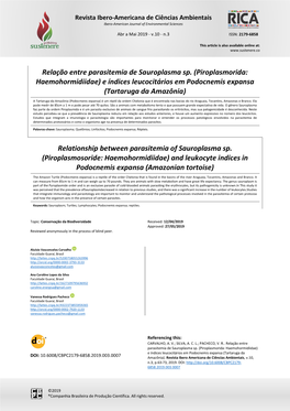 Relação Entre Parasitemia De Sauroplasma Sp. (Piroplasmorida: Haemohormidiidae) E Índices Leucocitários Em Podocnemis Expansa (Tartaruga Da Amazônia)