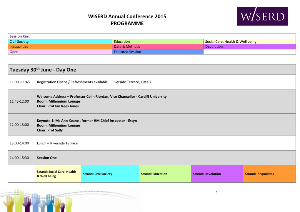 WISERD Annual Conference 2015 PROGRAMME Tuesday 30Th June