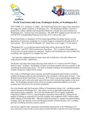 The World Teamtennis Pro League Today Announced the League Has Added a Franchise in Washington, D.C